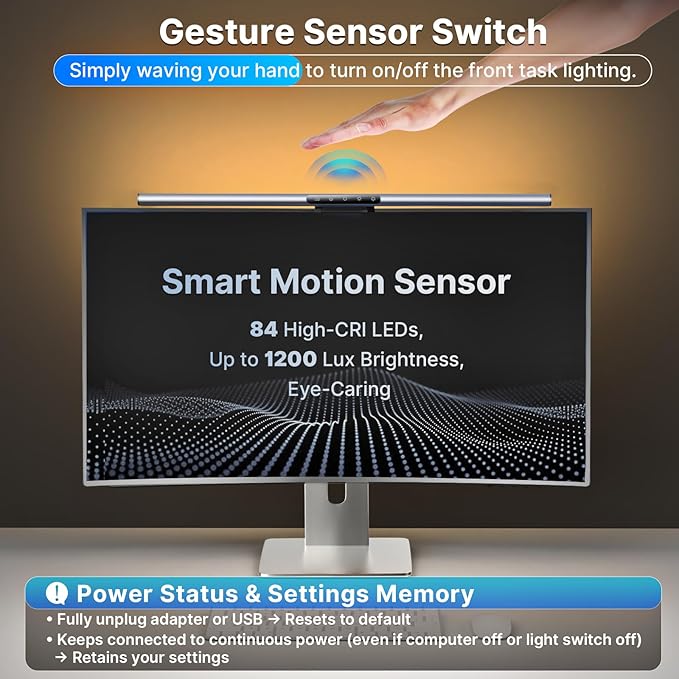 Syrinx 16.7" Computer Monitor Light Bar with Ambient Backlight, USB Reading LED Lamp, Screen Monitor Lamp, Touch + Gesture Control, Dimmable Desk Light, Eye-Caring, No Screen Glare for (Basic)