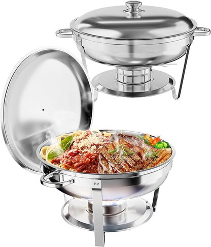 5QT 2 Packs Chafing Dish Buffet Set, NSF Round Stainless Steel Chafers and Warmers Food Servers Sets with Lid & Lid Holder, Spoon & Tweezer for Catering Events Parties Weddings Dinners,Silver