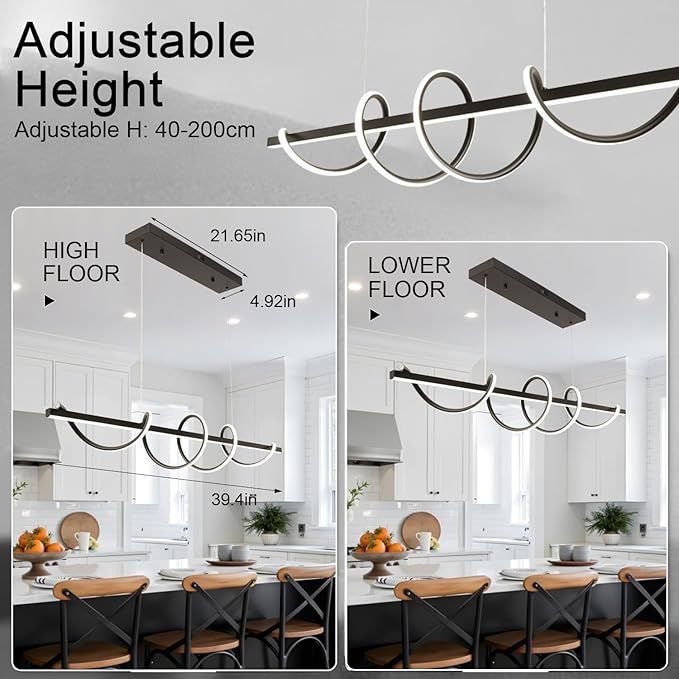 Modern Kitchen Island Light Fixtures 3000K-6500K Black Pendant Lights Fixture with 59.05 inch Soft Silicone Lamp Strip DIY Outlook Modern Linear Chandelier for Table Dining Room Island