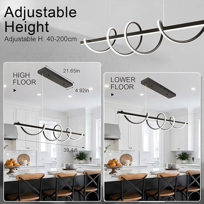 Modern Kitchen Island Light Fixtures 3000K-6500K Black Pendant Lights Fixture with 59.05 inch Soft Silicone Lamp Strip DIY Outlook Modern Linear Chandelier for Table Dining Room Island
