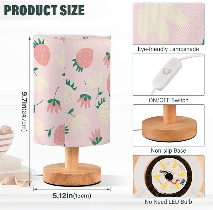 Bedside Table Lamp Cute Strawberry Floral Nightstand Lamp with Wood Fruits Flower Pink Desk Lamps for Bedroom Living Room Nursery Office Home Decor