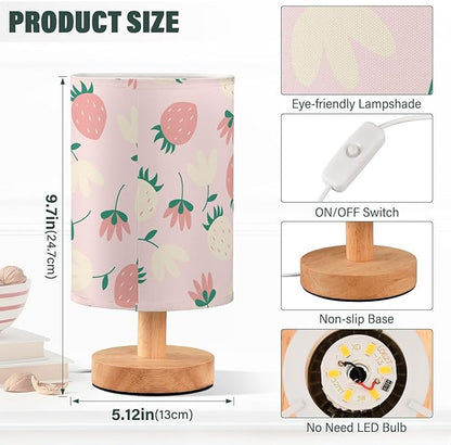 Bedside Table Lamp Cute Strawberry Floral Nightstand Lamp with Wood Fruits Flower Pink Desk Lamps for Bedroom Living Room Nursery Office Home Decor