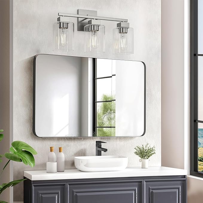 Brush Nickel Bathroom Vanity Light - 3 Light Bathroom Light Fixture Square Design & UL Certification & Square Bath Room Lights Fixture Over Mirror