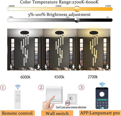 Modern 9-Lights Black Crystal Column Chandeliers for Entrance Dimmable LED Pendant Lighting Hanging Lights for Dining Room Bedroom Foyer Staircase Living Room