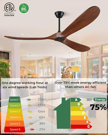 72" Ceiling Fans Without Lights, 72 inch Ceiling Fan No Light, High CFM Quiet 3 Blade Wood Walnut Ceiling Fan, Large Modern Outdoor Fan with Remote, Propeller Outdoor Ceiling Fans for Patios