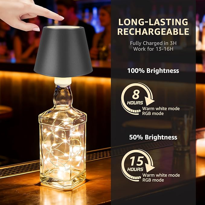 uuffoo 2 Pack Wine Bottle Lamps Wireless 8 Colors, 4000mAh Rechargeable Bottle Lights Cordless with Touch Dimming, Lamp Kit for Whiskey Liquor Bottles for Party Restaurant Home Bar Decor (2PCS Black)