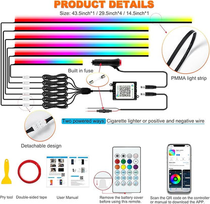 Jushope Car LED Strip Lights, Interior Acrylic LED Lights for Car with Dynamic Rainbow Dream Color Chasing, Ambient Lighting Kits Music Sync (6 in 1(4 * 29.5+43.3+14.5 inches))