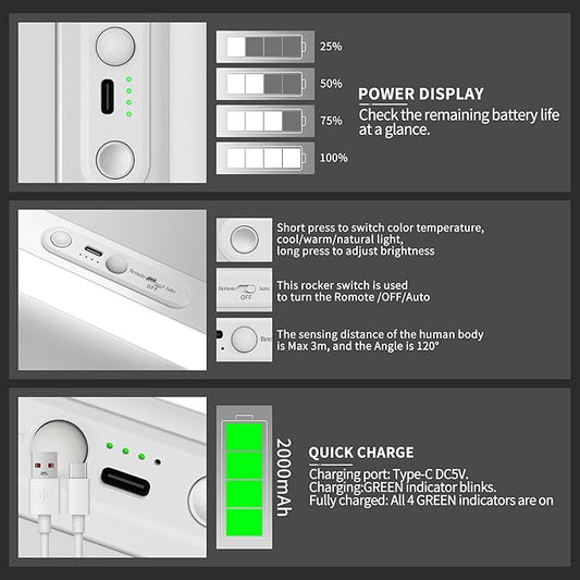 60 LED Under Cabinet Lighting Wireless with Remote and Motion Sensor Indoor,2000 mAh Rechargeable Closet Lights with 3 CCT and Dimmable,Under Counter Light for Kitchen,Stairways(2 Pack,12inch)