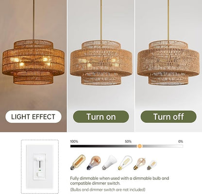 4-Light Boho Rattan Chandelier Light Fixture, 17.7” Hand Woven Rustic Chandeliers Farmhouse Chandelier Hanging Light for Dining Room Kitchen Island, Living Room, Foyer
