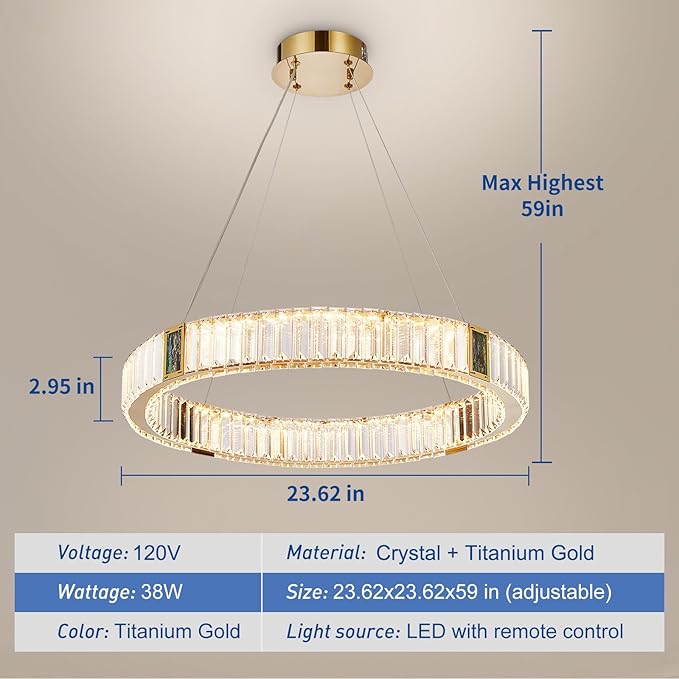 Depuley Modern LED Crystal Chandeliers: 23.6" Ring Chandelier Hanging Crystal Ceiling Light Fixture - 30W Adjustable Height Pendant Light for Living Room Dining Room Bedroom Foyer