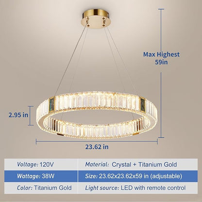 Depuley Modern LED Crystal Chandeliers: 23.6" Ring Chandelier Hanging Crystal Ceiling Light Fixture - 30W Adjustable Height Pendant Light for Living Room Dining Room Bedroom Foyer