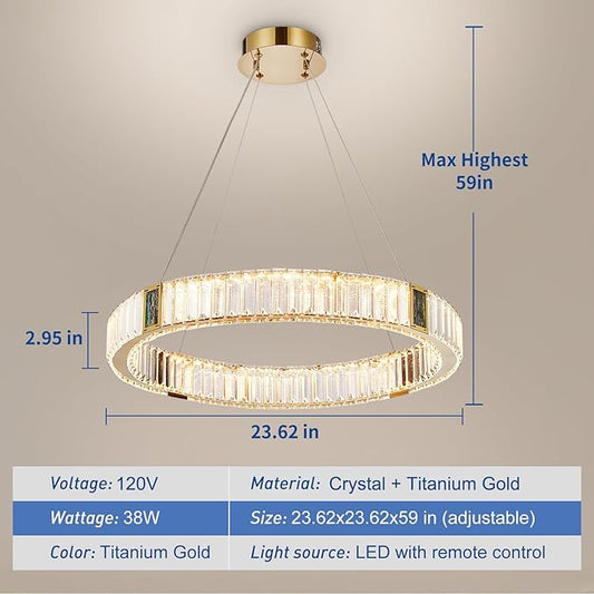 Depuley Modern LED Crystal Chandeliers: 23.6" Ring Chandelier Hanging Crystal Ceiling Light Fixture - 30W Adjustable Height Pendant Light for Living Room Dining Room Bedroom Foyer