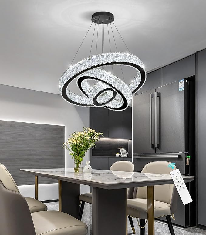 Modern Crystal Chandelier 36W Dimmable LED Ceiling Light Fixture with Remote Luxury Adjustable Pendant Light for Living Room Dining Room Black