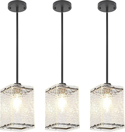 Water Ripple Glass Pendant Lights Black Pendant Lights Kitchen Island Adjustable Modern Hanging Pendant Light Fixtures for Sink Kitchen Dining Room Foyer Entryway, 3 Pack