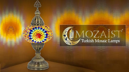 Turkish Mosaic Lamp with Bulb – Handmade Star Fire Stained Glass Table Light, Antique Bohemian Vintage Decor for Bedroom or Living Room, E12 Socket