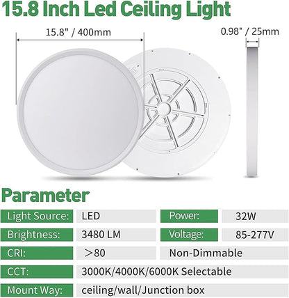 15.8 Inch LED Flush Mount Ceiling Light, 32W, 3480LM, 3000K/4000K/6000K CCT Selectable, Round Flat Panel Light Fits for Hallway, Kitchen, Bedroom, Laundry Room