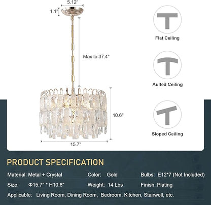 7-Light Crystal Gold Chandelier Modern 3-Tier K9 Crystal Round Light Fixture 16" Pendant Chandelier for Kitchen Island Dining Room Bedroom Foyer Entryway Hallway, E12