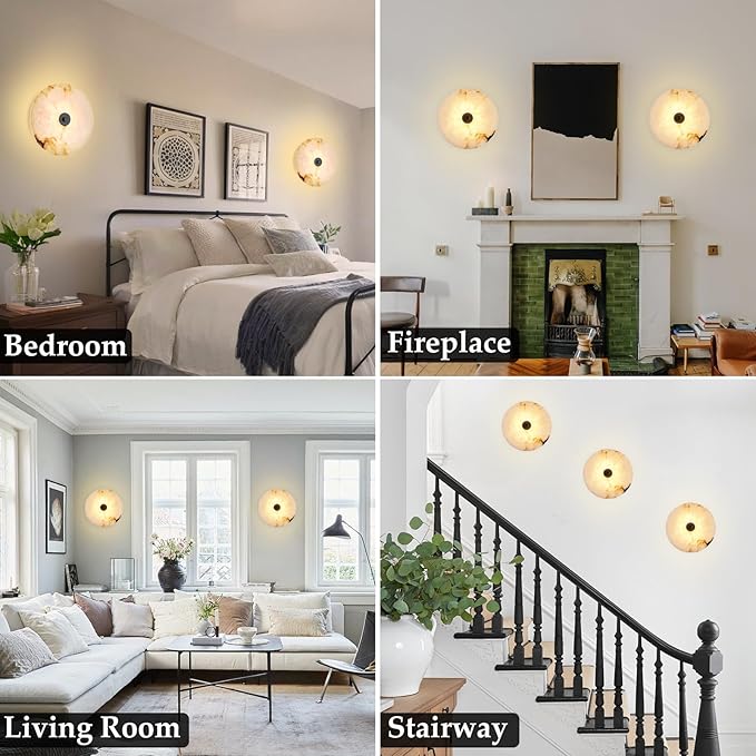 Round Alabaster Wall Sconce Natural Marble Sconces Set of Two, 3 CCT Adjustable Wall Lamp Decor Home, 8W Hardwired Circular Wall Lights for Bedroom, Stairs, Living Room, Bedside, Hallway (Black)
