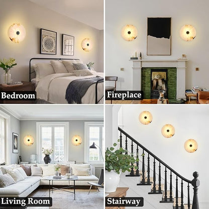 Round Alabaster Wall Sconce Natural Marble Sconces Set of Two, 3 CCT Adjustable Wall Lamp Decor Home, 8W Hardwired Circular Wall Lights for Bedroom, Stairs, Living Room, Bedside, Hallway (Black)