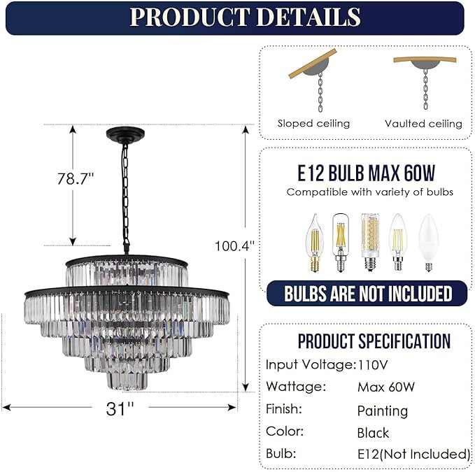 Crystal Chandelier Black Large 6-Tier Chandeliers Lighting Fixture for Bedroom Living Room Foyer Hallway 17-Lights (Dia 31 Inch)
