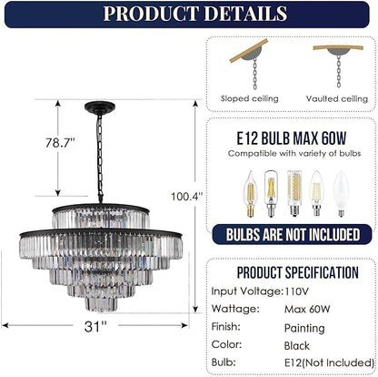 Crystal Chandelier Black Large 6-Tier Chandeliers Lighting Fixture for Bedroom Living Room Foyer Hallway 17-Lights (Dia 31 Inch)