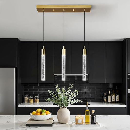 Kitchen Island Lighting Modern Light Fixture Gold Pendant Light Dimmable LED Gold Brass Finish Mini Crystal Pendant Lights for Dining Room Living Room（3-Light）