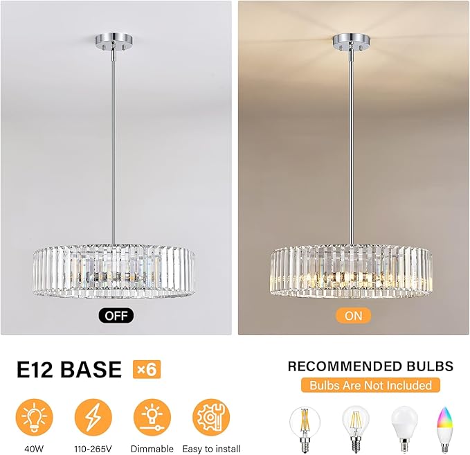 YURNYQ Chrome Crystal Ceiling Light Fixture, Modern Semi Flush Chandelier, Round Hanging Lighting Chandeliers for Dining Room, Kitchen, Bedroom, 6-Light, 19.68 Inch