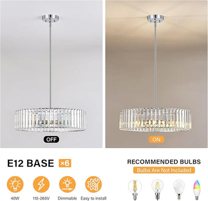 YURNYQ Chrome Crystal Ceiling Light Fixture, Modern Semi Flush Chandelier, Round Hanging Lighting Chandeliers for Dining Room, Kitchen, Bedroom, 6-Light, 19.68 Inch