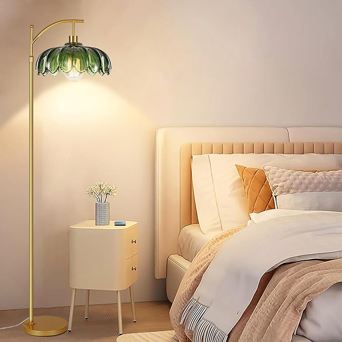 AHDWDW Floor Lamp for Living Room Bedroom,Gold Dimmable Standing Lamp with Remote,Mid Century Modern Brass Tall Lamp Vintage Green Glass Lamp Floor Light,Arc Unique Floor Lamps for Office Corner
