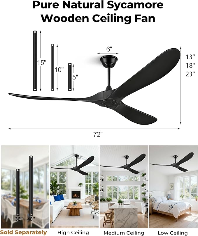 72" Outdoor Ceiling Fans for Patios, Matte Black Ceiling Fans Without Lights, 3 Blades Wood Ceiling Fan with No Light by Remote Control for Indoor Outdoor Patio Porch Living Room