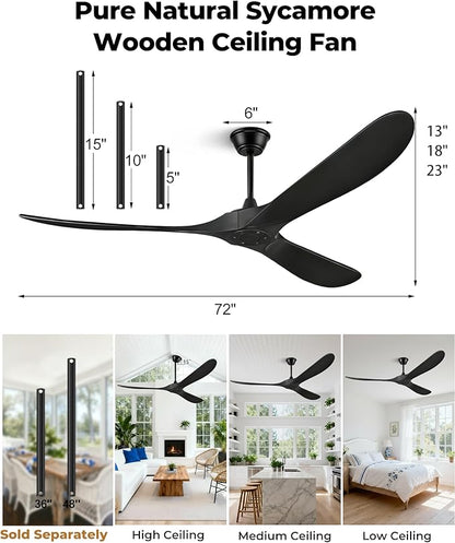 72" Outdoor Ceiling Fans for Patios, Matte Black Ceiling Fans Without Lights, 3 Blades Wood Ceiling Fan with No Light by Remote Control for Indoor Outdoor Patio Porch Living Room