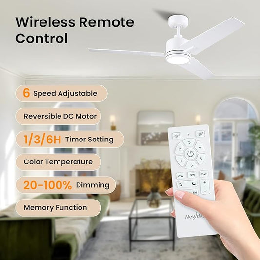 Newday 48 Inch Ceiling Fans with Lights Remote, White Ceiling Fans Dimmable 3 Color Temperature, Timer, 3 Blades, 6 Speed Modern Fan Quiet Reversible DC Motor for Indoor or Covered Outdoor