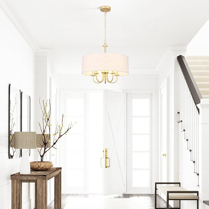 5 Lights Drum Chandelier Gold Farmhouse Chandelier with Shades 19" Large Pendant Light Fixtures Hanging Brass Round Chandeliers for Bedroom Dining Room Over Table Living Room Foyer Kitchen Island