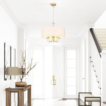 5 Lights Drum Chandelier Gold Farmhouse Chandelier with Shades 19" Large Pendant Light Fixtures Hanging Brass Round Chandeliers for Bedroom Dining Room Over Table Living Room Foyer Kitchen Island