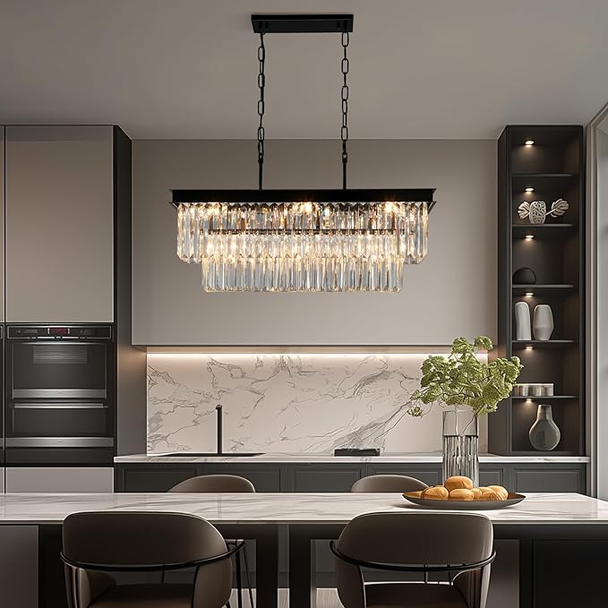 Weesalife Black Crystal Chandeliers for Dining Room Light Fixtures Over Table，9-Lights Modern Rectangle Chandeliers for Kitchen Island Bar L28 Inch