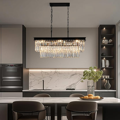 Weesalife Black Crystal Chandeliers for Dining Room Light Fixtures Over Table，9-Lights Modern Rectangle Chandeliers for Kitchen Island Bar L28 Inch