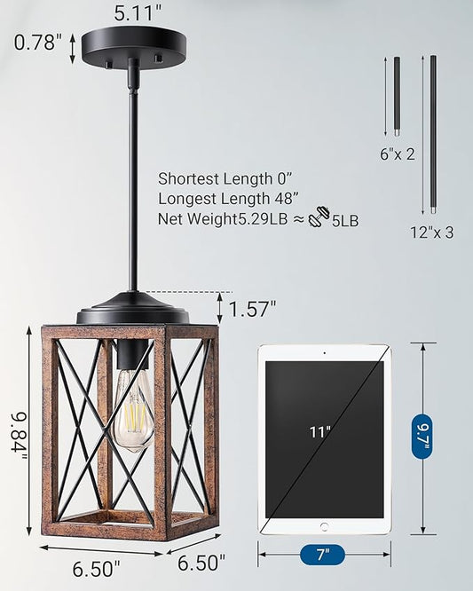 DEWENWILS 2 Pack Farmhouse Pendant Light, Metal Hanging Light Fixture with Wooden Grain Finish, 48 Inch Adjustable Pipes for Flat and Slop Ceiling, Kitchen Island, Bedroom, Dining Hall, ETL Listed