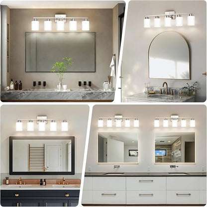 FonmYim Brushed Nickel Bathroom Light Fixtures, 5-Light Modern Vanity Light Over Mirror, Wall Sconces with Milky White Frosted Glass Shades, E26 Socket (Bulbs Not Included)