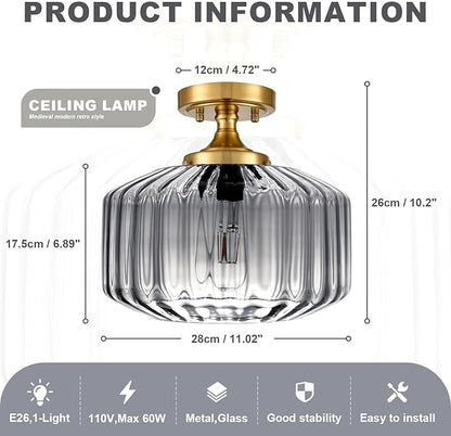 Gold Flush Mount Ceiling Light Fixture Porch Glass Ceiling Light Contemporary Ribbed Glass Chandeliers Overhead Light Farmhouse Lamp for Laundry Room, Entryway Pantry Light(Gray)