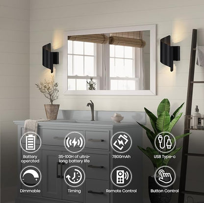 2 Packs Modern Wall Light Battery Operated Wall Sconces,Black Wireless Wall Lamp with Remote, Rechargeable Cordless Wall Sconce USB Charging for Bedroom Living Room Hallway (1 Pack)