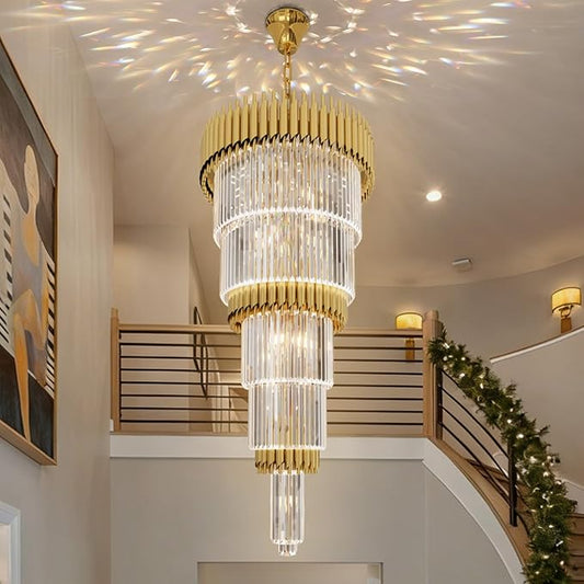 Luxury Gold Crystal Chandelier for High Ceiling 5-Tier Large Stair Chandelier for Foyer Living Room 24″W x 48″H with 100″ Chain 15-Light