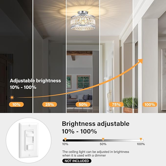YURNYQ Crystal Ceiling Light Fixture, Modern Semi Flush Mount Ceiling Light, Chrome Lighting Fixtures Ceiling Lamp for Hallway, Kitchen, Entryway, Bedroom, Laundry Room, 1-Light, 11.4 Inch