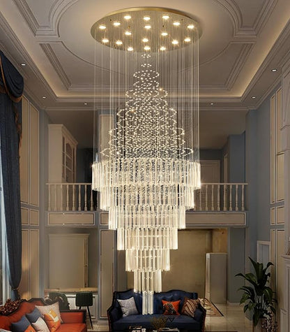 HAIXIANG W40 x H120 Glam Chandelier with LED Bulbs Crystal Raindrop High Ceiling Pendant Light for Entrance Large Villa Chandelier Foyer Lighting Fixtures Gold