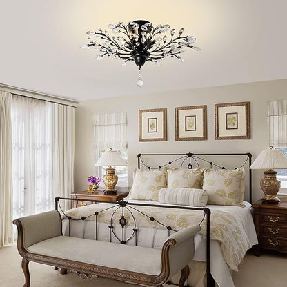 Ganeed Crystal Ceiling Light,Vintage Chandelier, Modern Elegant K9 Crystal Glass Chandelier Flush Mount Ceiling Lighting Fixture for Living Room Bedroom Restaurant Porch- Matte Black - 5 Lights