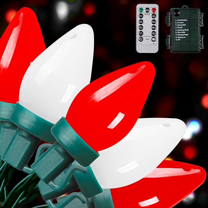 RECESKY C7 Bulbs Christmas String Lights with Remote - 50 LED 26ft Battery String Lights - Fairy Christmas Lighting for Garden Decor Bedroom Porch Xmas Ornament Christmas Decorations - Red White