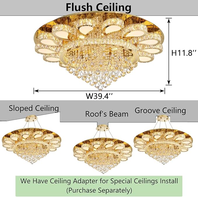 HAIXIANG Glam Crystal Chandelier for Living Room Dining Room Lights Sloped Ceiling Light Fixtures Luxury Modern Remote Dimmbale Lighting Gold 40 Inches
