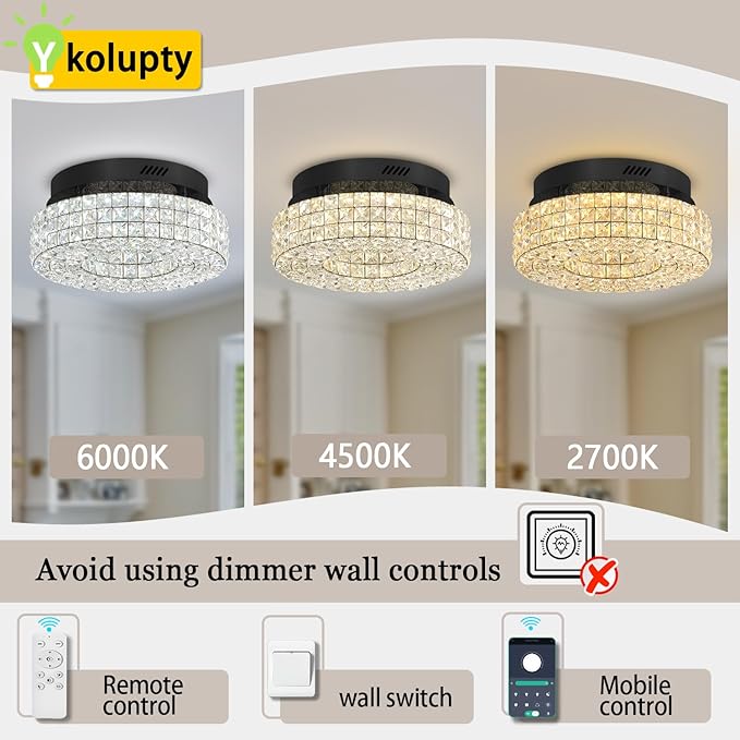 ykolupty 16" Crystal Chandeliers,Round Chandelier for Living Room Modern Crystal Ceiling Light Fixture for Foyer Bedrooms Dining Room Hallway Black