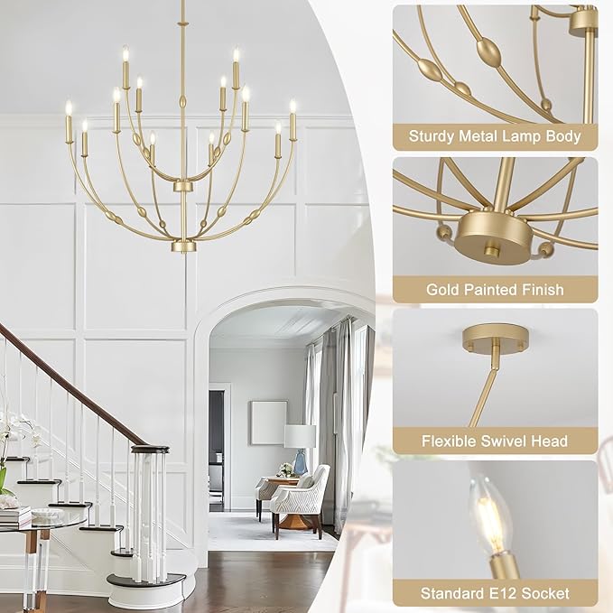 35" Large Chandeliers for Dining Room, Modern Gold 12-Lights Candle Style 2-Tiers Hanging Light Fixture for High Ceiling Living Room Foyer Staircase