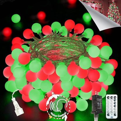 2026 New Connectable 43FT Smart Voice Controlled String Lights Indoor Outdoor | 100LED Red and Green Globe Fairy Lights with Remote, 12 Modes Waterproof Hanging Light for Bedroom Classroom Decor