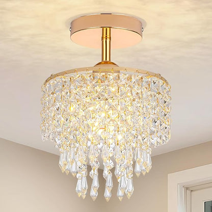 Mini Crystal Chandelier 3-Tier Raindrop Semi Flush Mount Ceiling Light Fixture Crystal Chandeliers for Bedroom Kitchen Hallway Bathroom Closet (Gold)